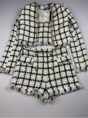 Fashion Nova Tweed Plaid The Daily Grind 3 Piece Blazer Set NEW